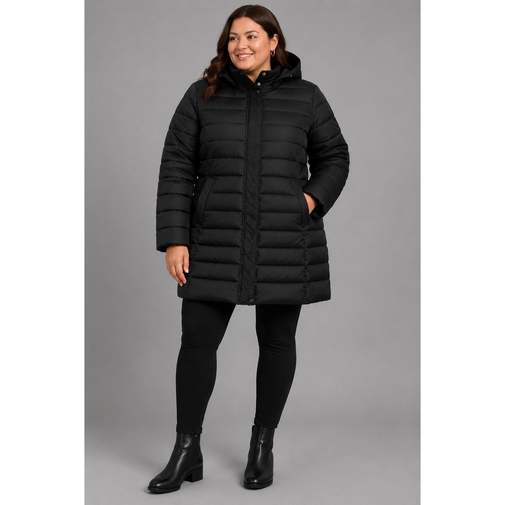 Lands End Puffer Coat Women 1X Hooded Quilted Black Winter‎ Parka Jacket Casual